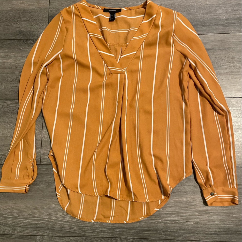 Forever21 Yellow and White Striped Long Sleeve V Neck Blouse Size S